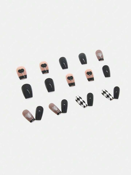 24pcs Preppy colorblock heart design press on nails