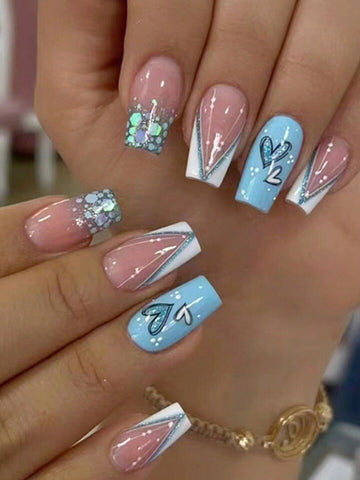 Blue love & glitz coffin med press on nails
