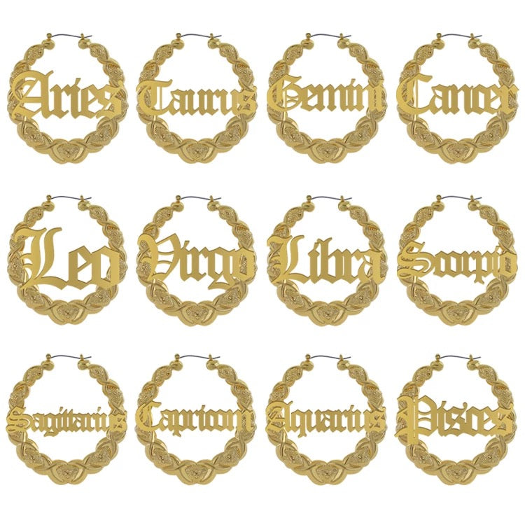 Retro 90s bamboo astrology sign 14k gold plated earrings