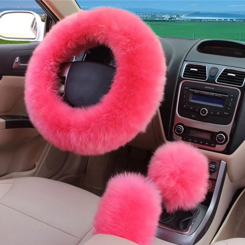 Barbie girl fuzzy 3pcs steering wheel car accessories