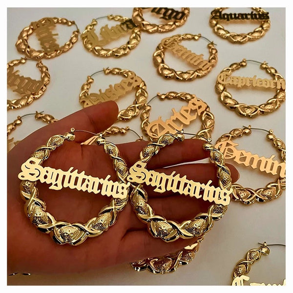 Retro 90s bamboo astrology sign 14k gold plated earrings