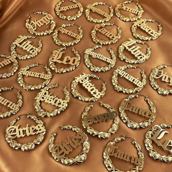 Gold plated zodiac sign bamboo hoop earrings